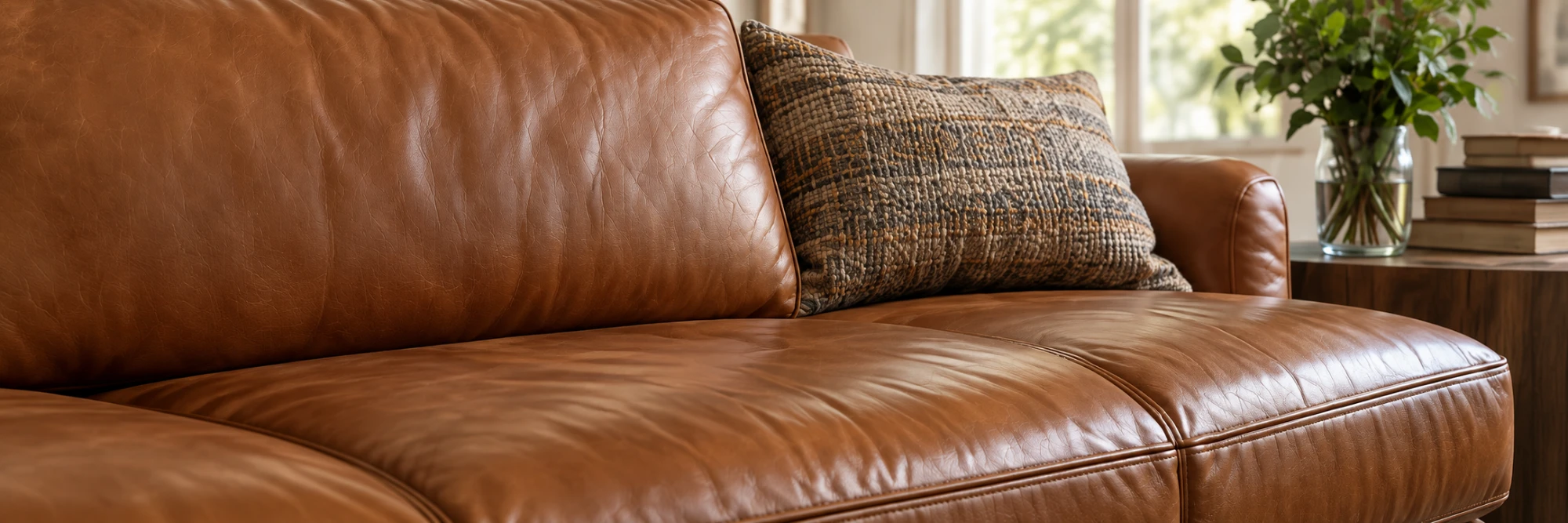 A clean cognac leather sofa in daylight with an even, natural sheen