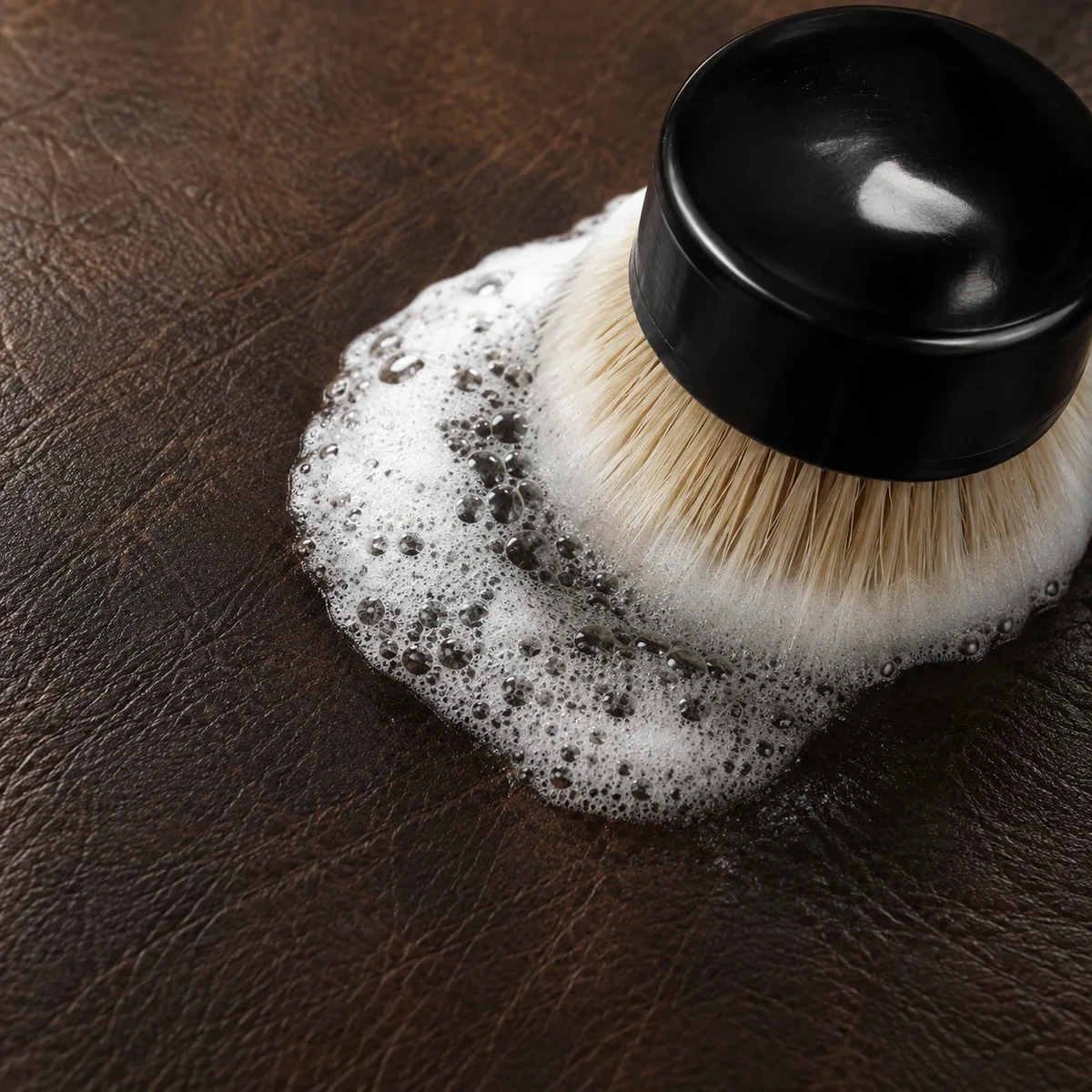 Cleaning foam and a brush on brown leather