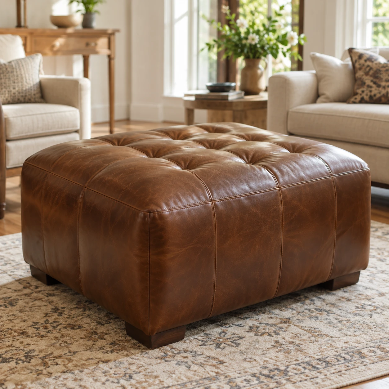 A tufted cognac leather ottoman on a patterned rug