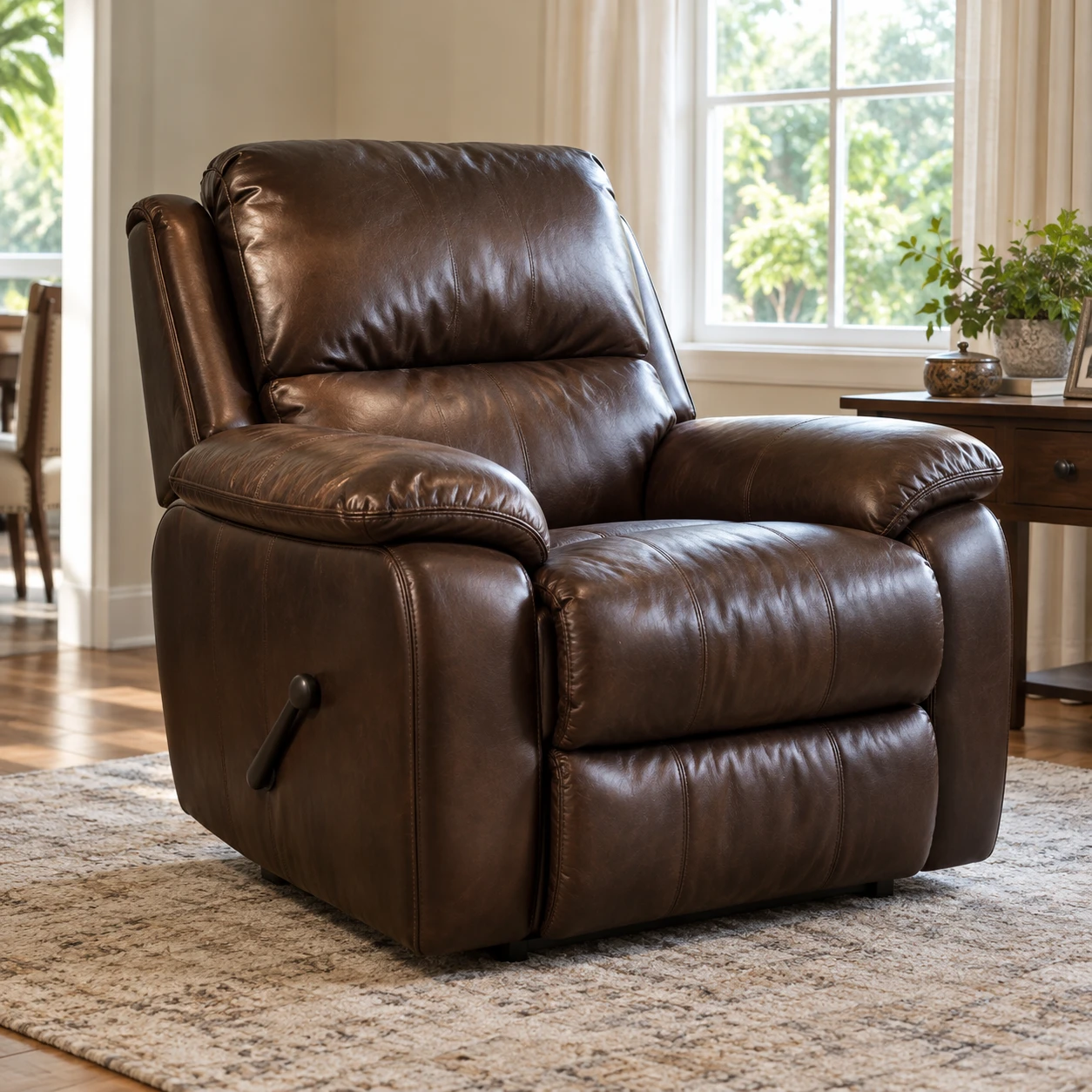 A dark brown leather recliner with a wooden release handle
