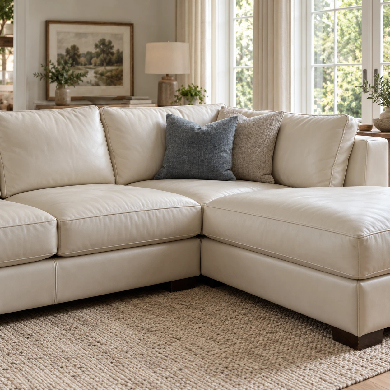An ivory leather sectional with a chaise on a woven rug