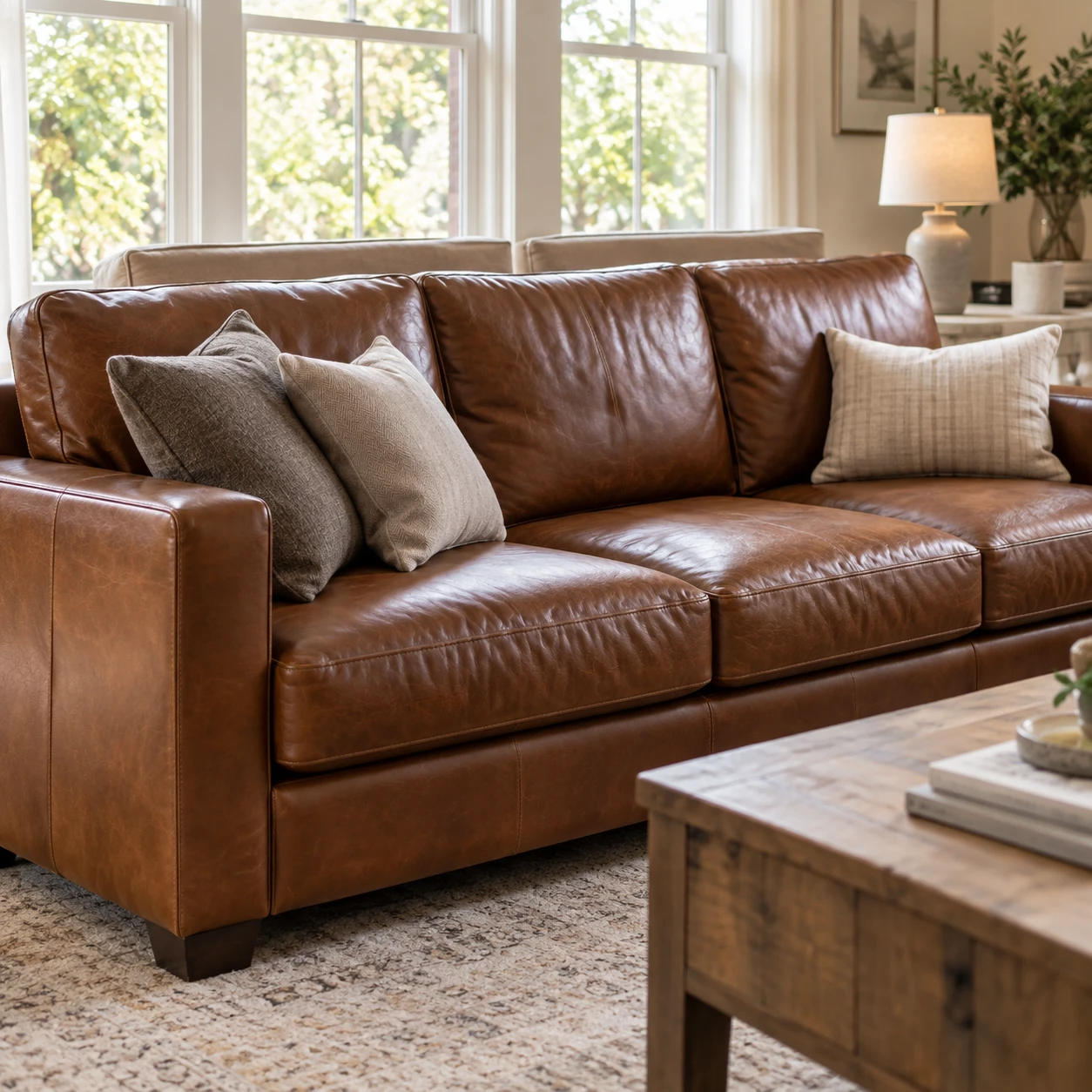 A cognac leather three-seat sofa with cushions in a sunlit living room
