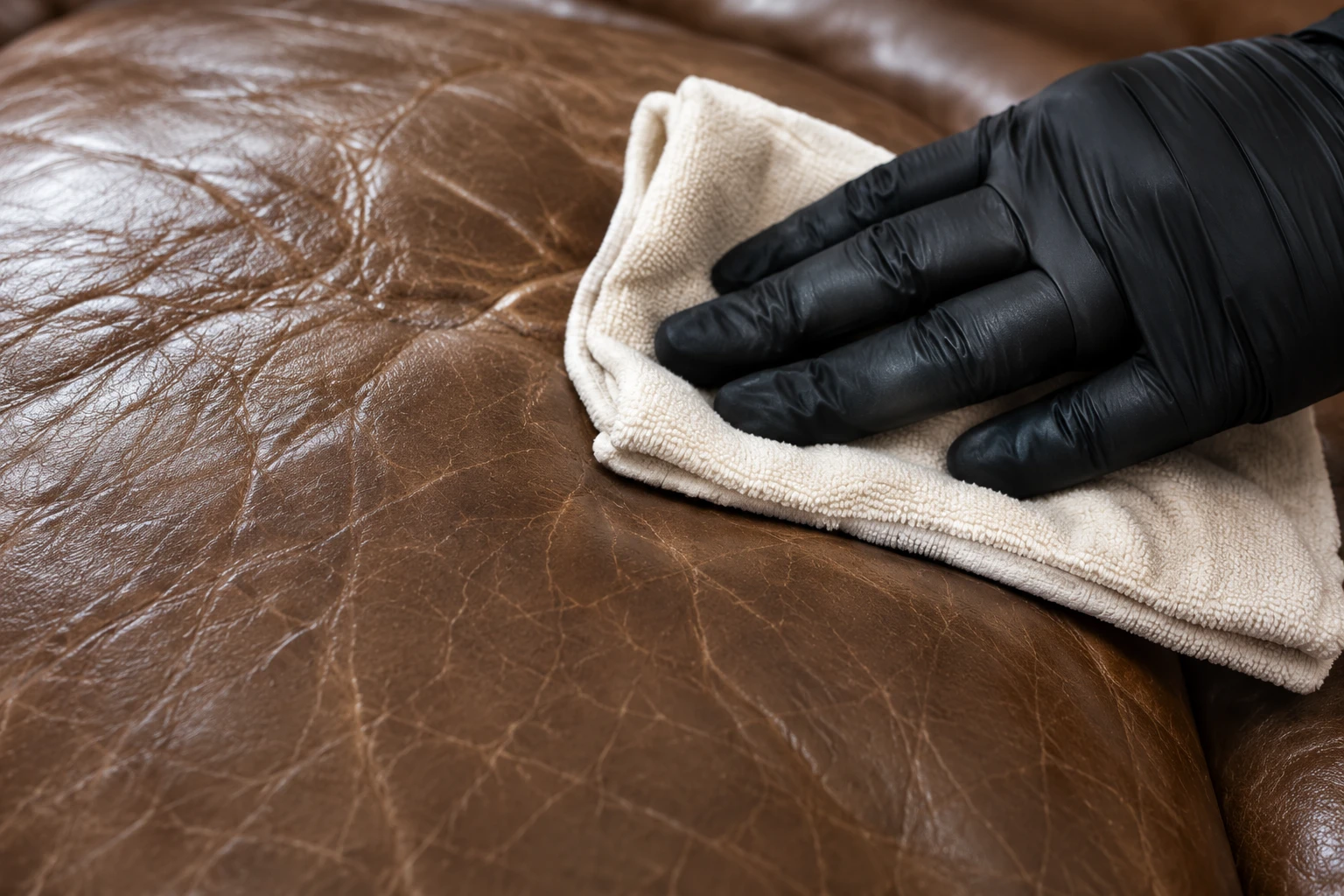 A gloved hand treating a single mark on brown leather with a cloth