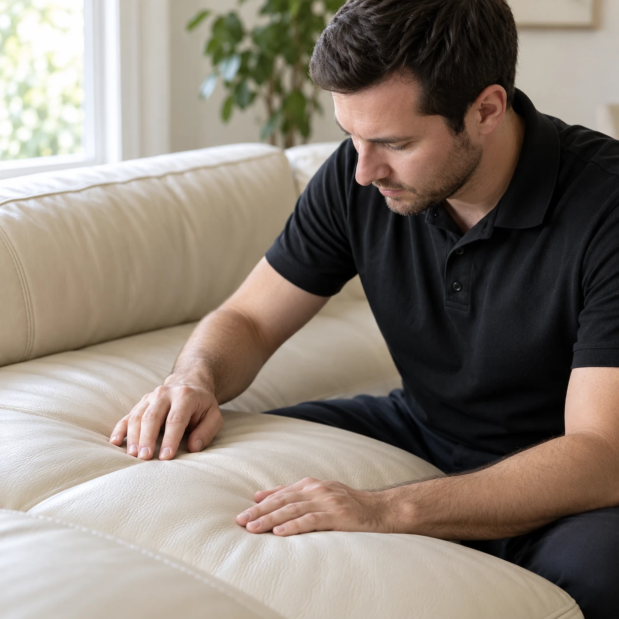 A leather cleaning service technician examining the seat of a cream leather sofa