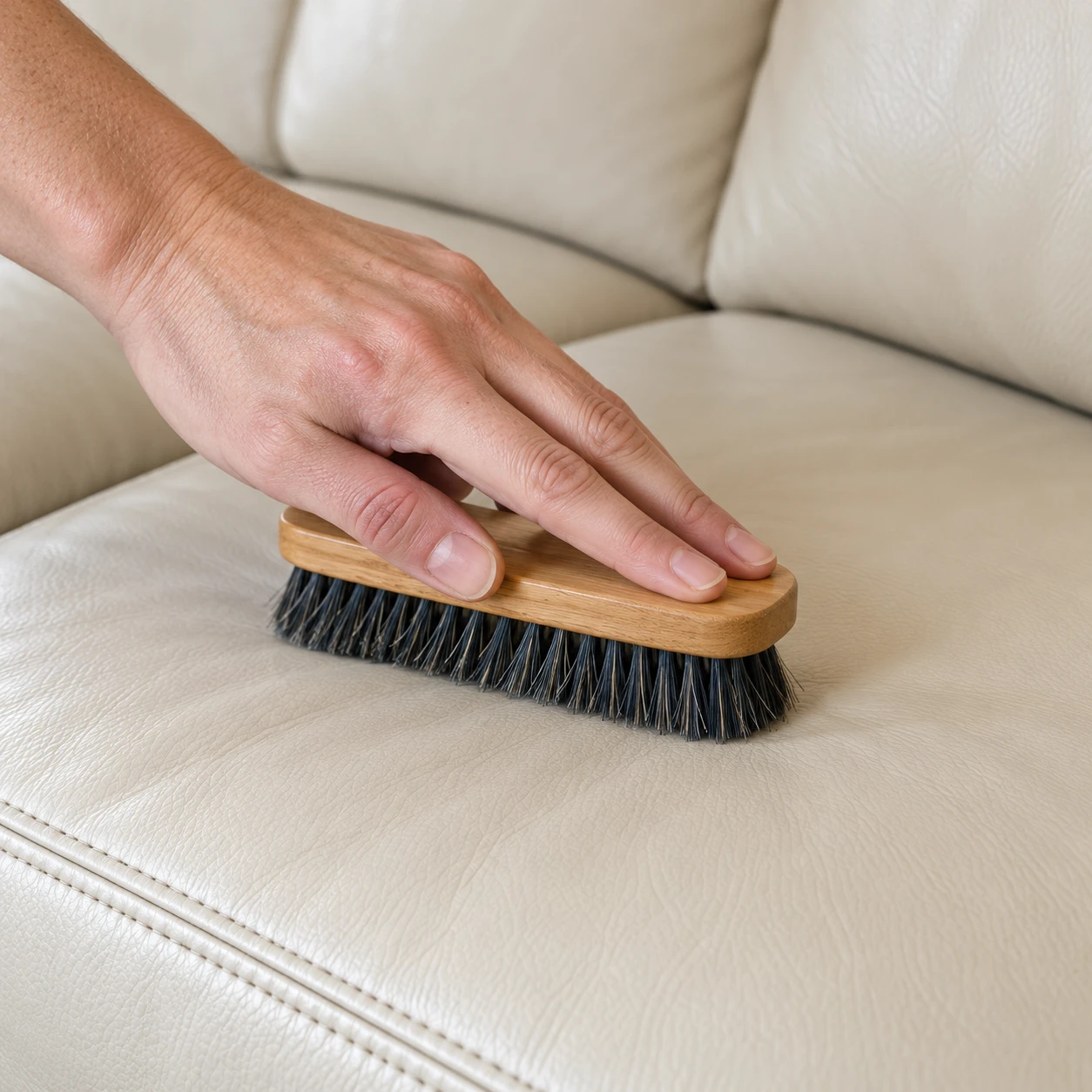 A soft horsehair brush lifting surface dust from a cream leather seat