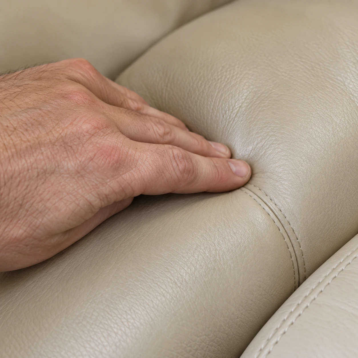 A hand pressing a cleaner into an out-of-sight area of cream leather to test it