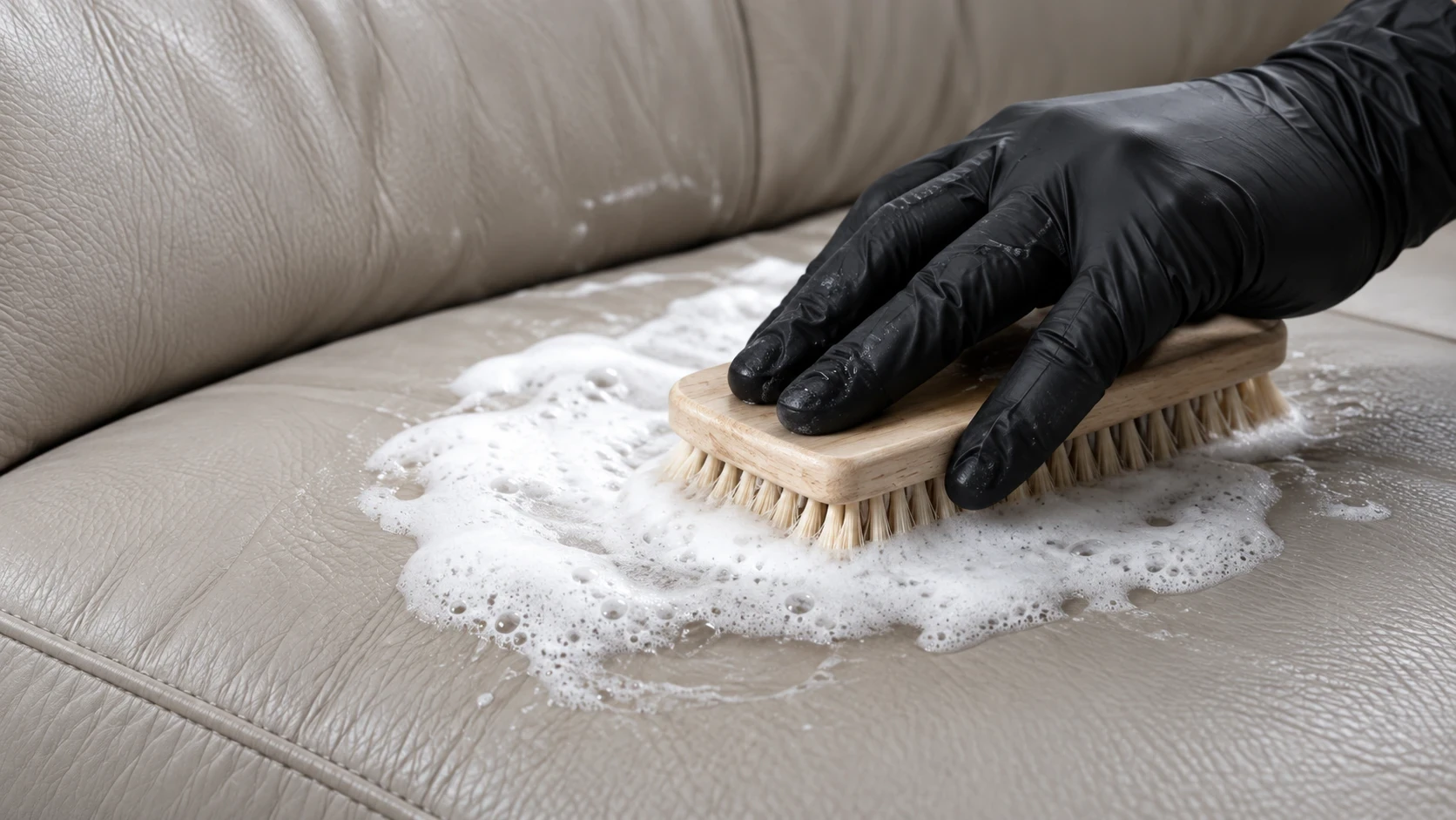 A gloved hand working cleaning foam into brown leather with a brush