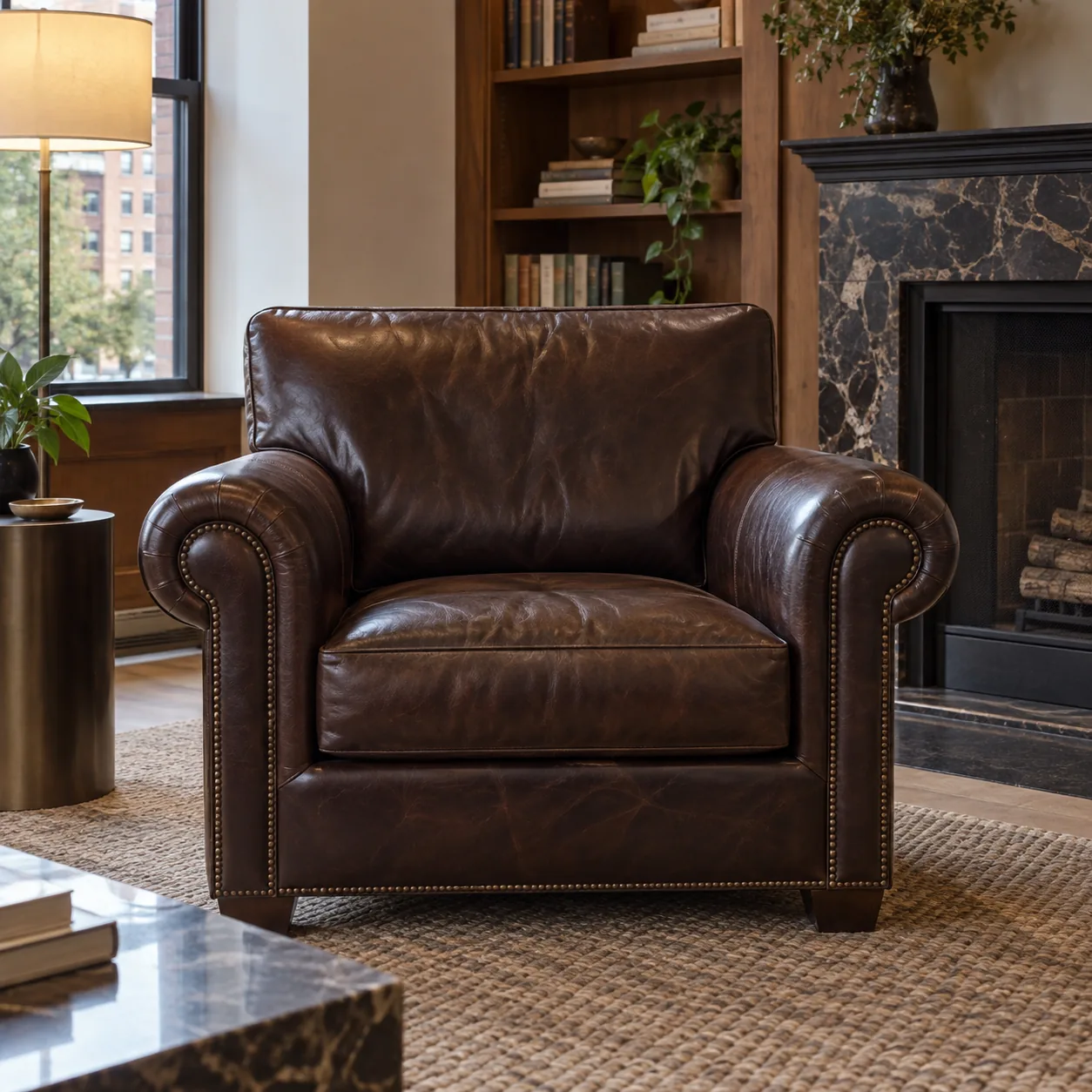 An espresso leather club chair