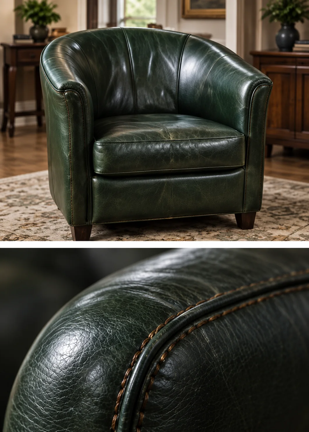 Green leather club chair above a close view of its rolled arm and welt