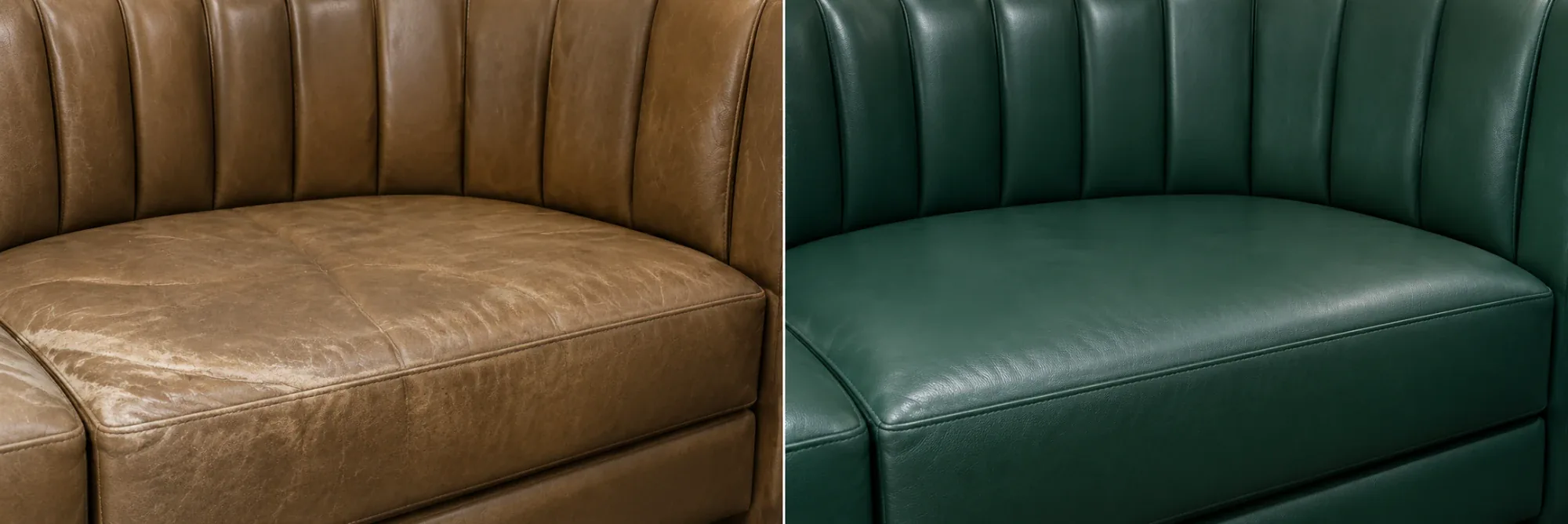 Tan channelled leather banquette beside the same banquette after a full color change to deep green