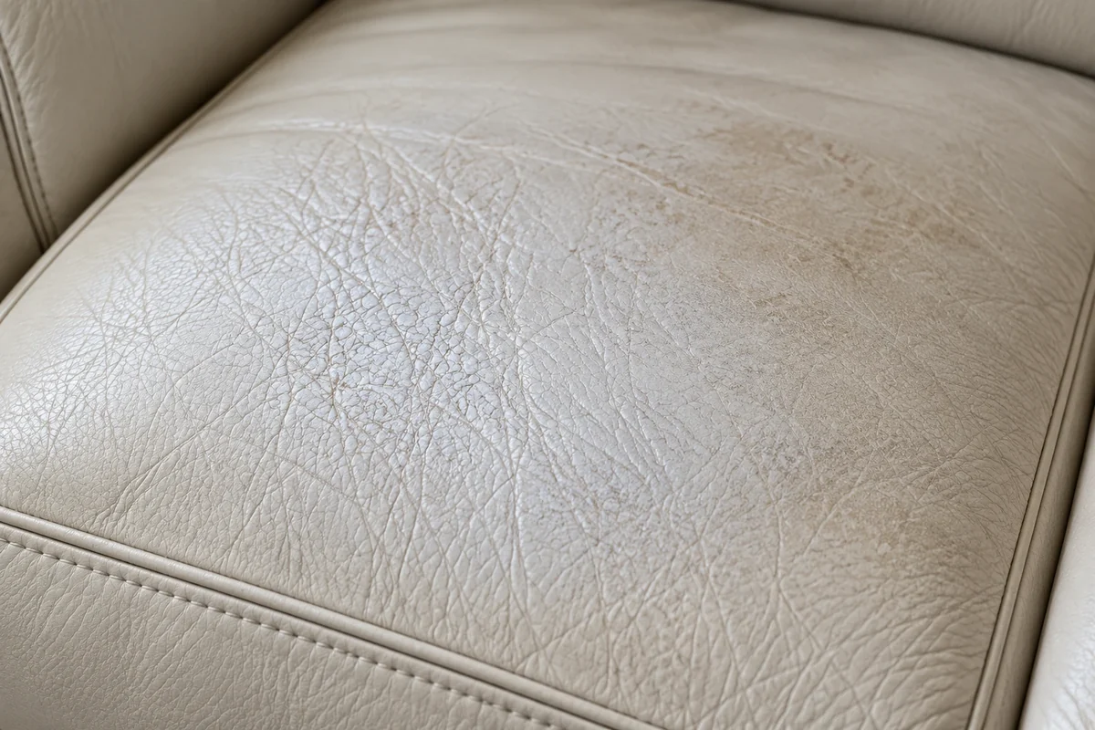 Pale worn patch where the finish has thinned on a cream leather seat