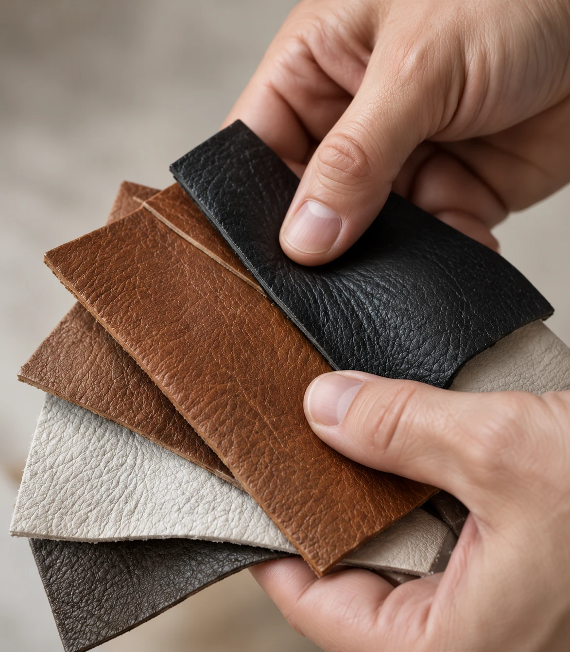 Leather swatches held up to colour match a Ligne Roset cover