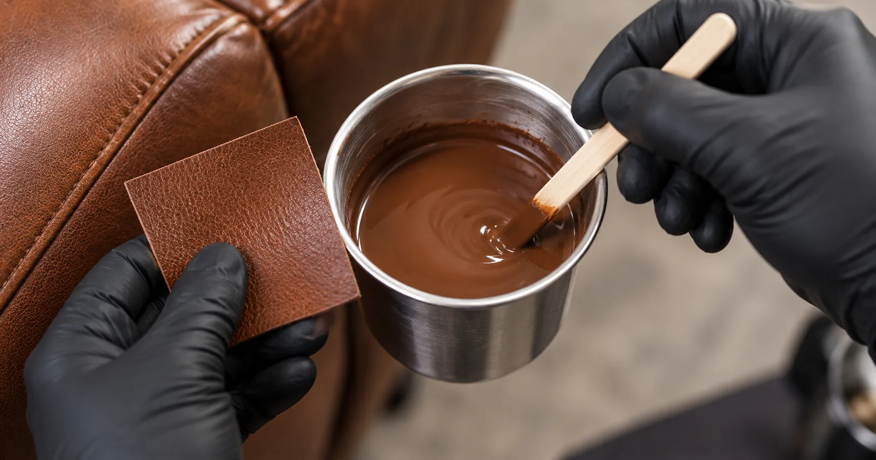 Gloved hands mixing brown leather dye against a sample swatch