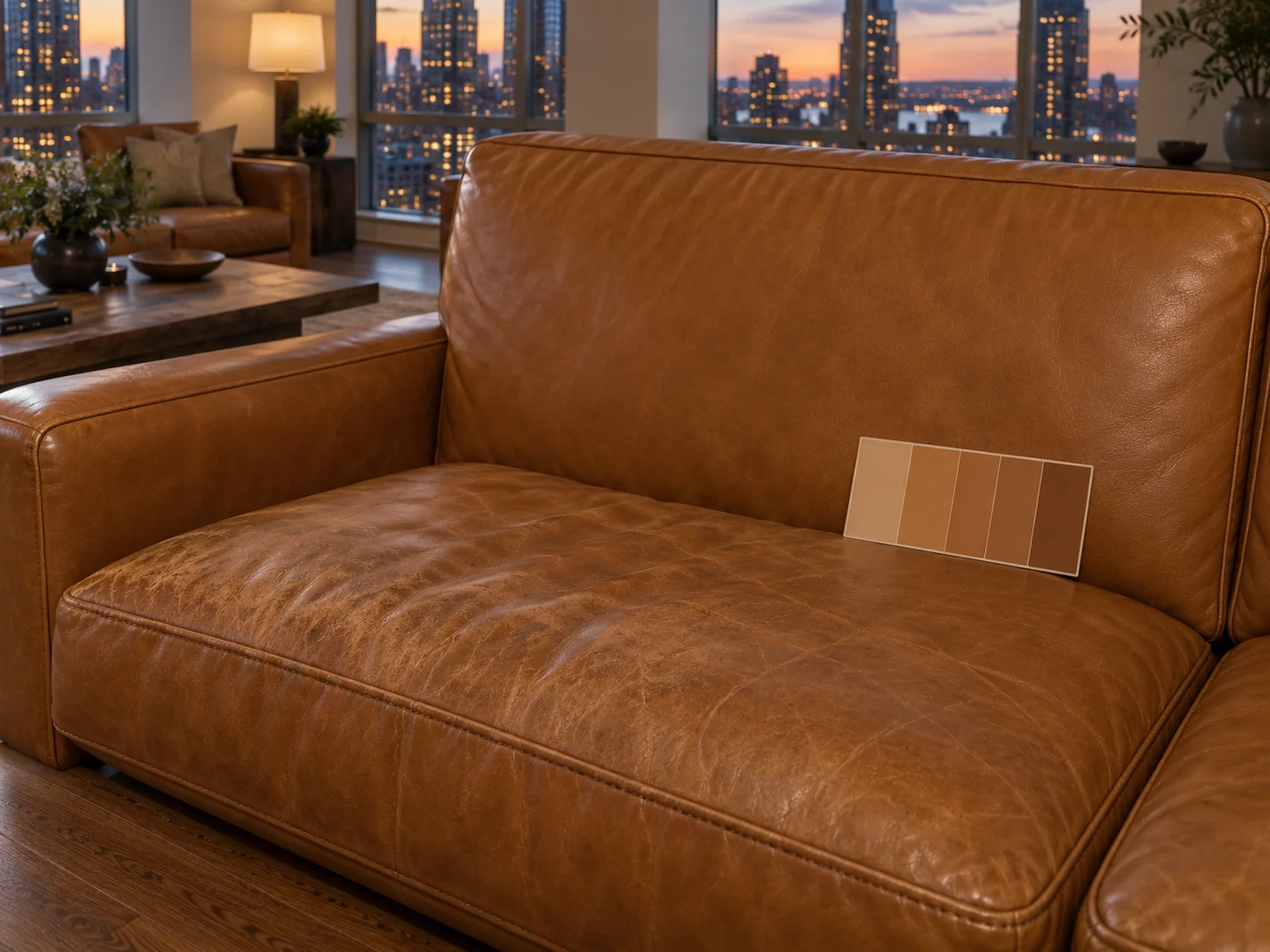 A small color reference card held against the unworn back panel of a tan leather sofa