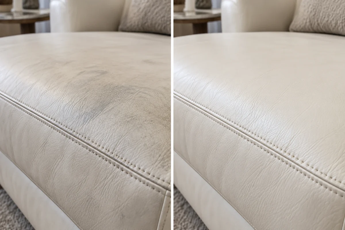 Cream leather seat before and after a residual dye shadow was blended away