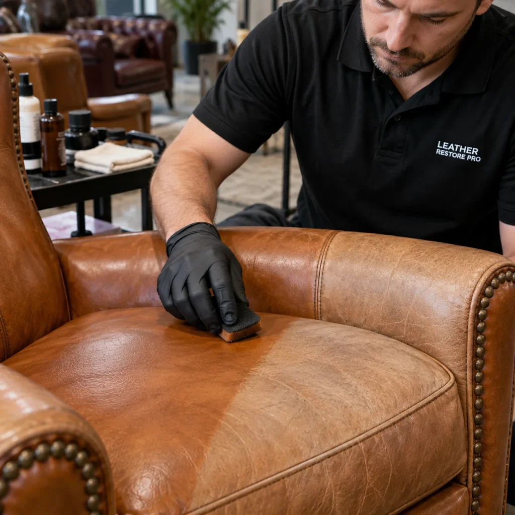 Technician applying color to a leather seat with a sponge