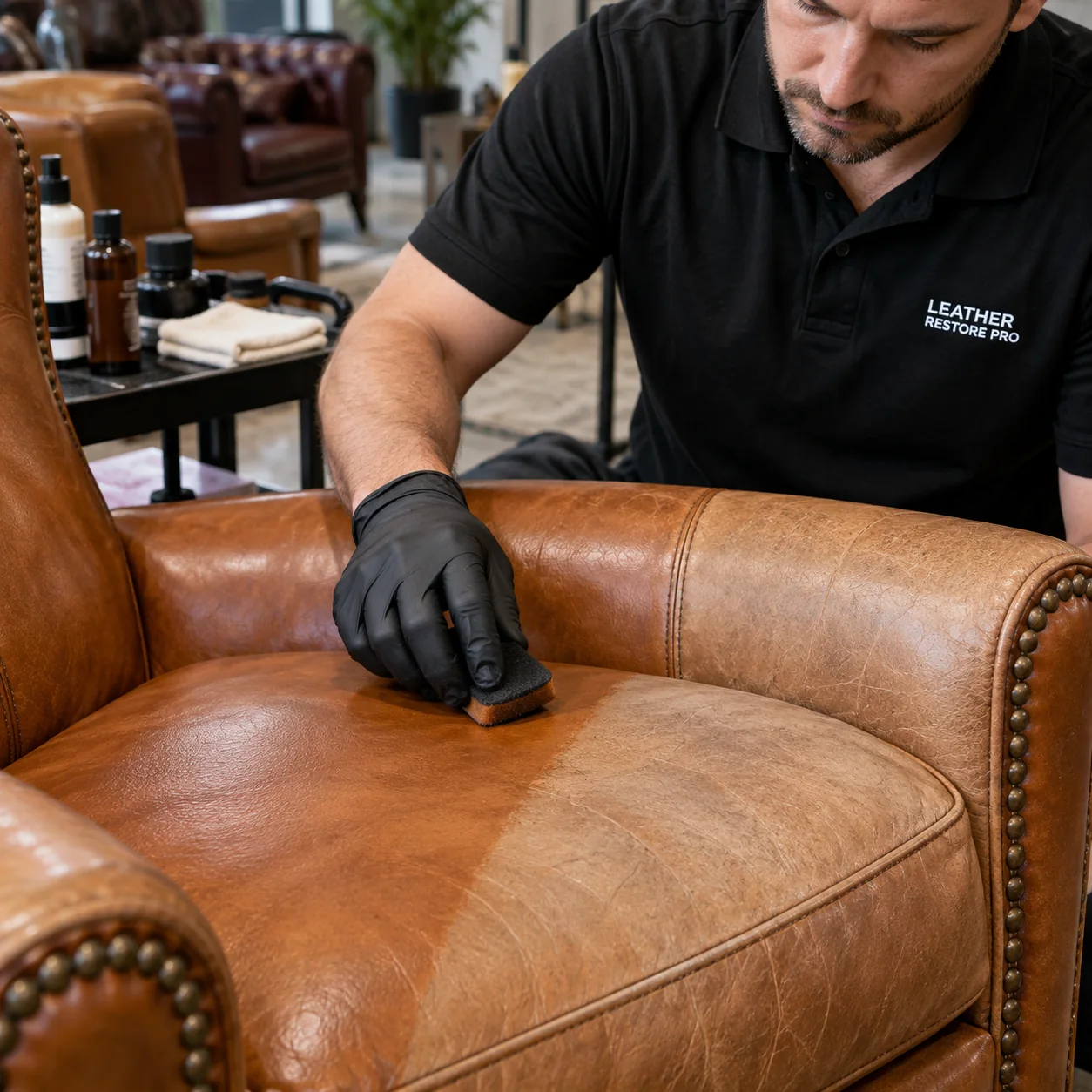 Colour being worked into a leather panel
