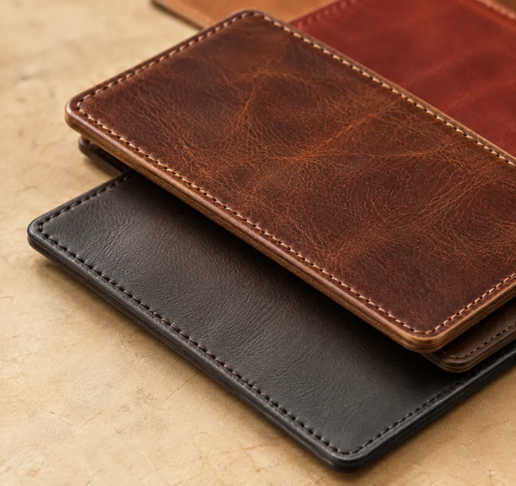 Leather color and sheen samples laid out for approval