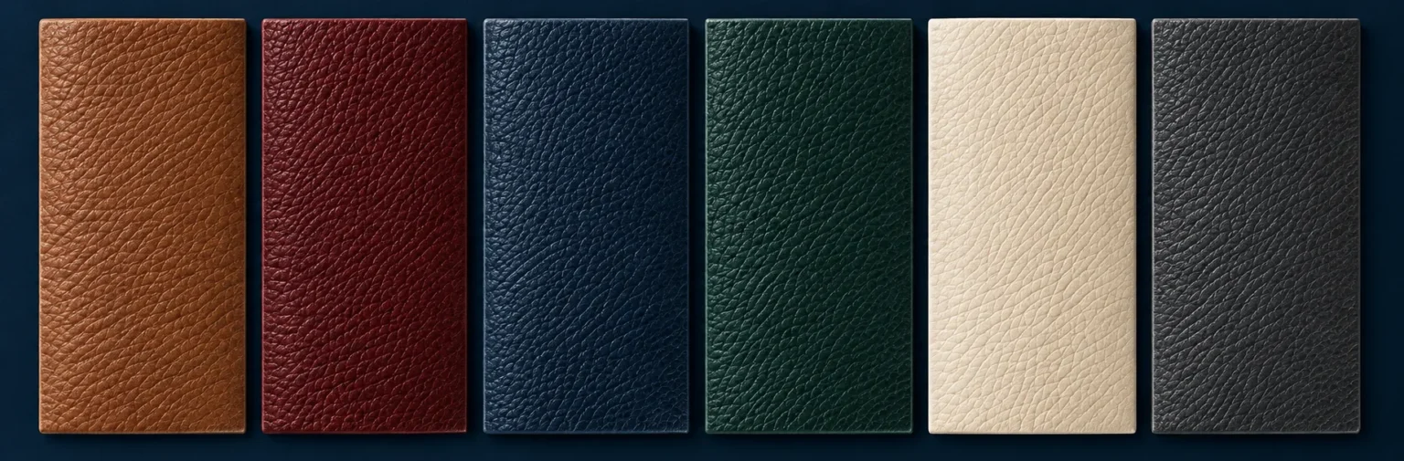 Row of leather swatches in cognac, oxblood, navy, green, cream and black