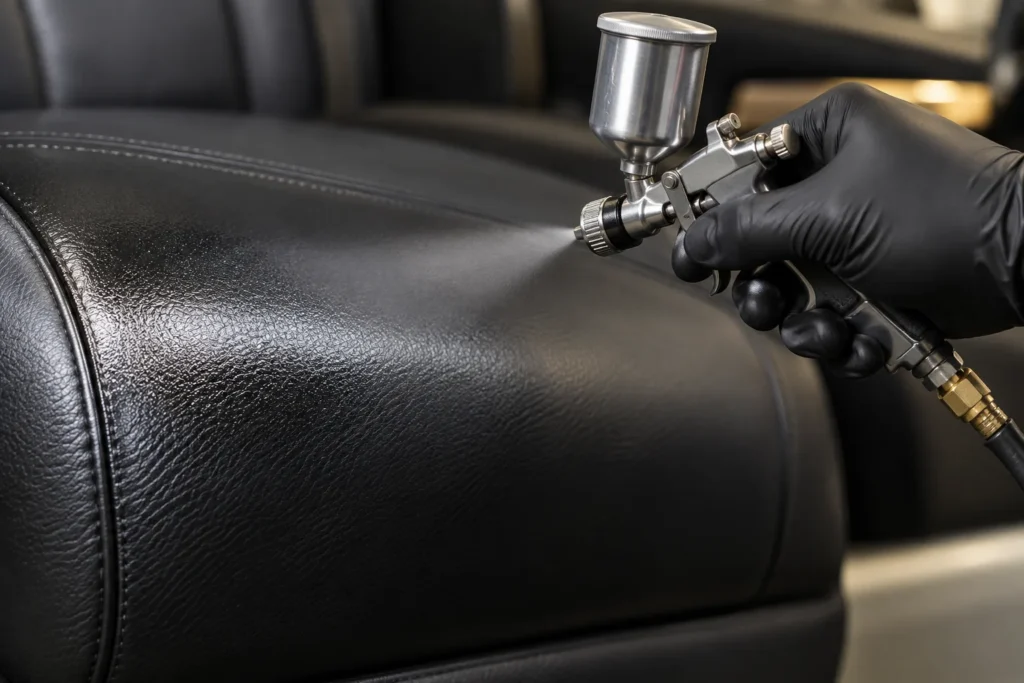Airbrush touching up color on black leather