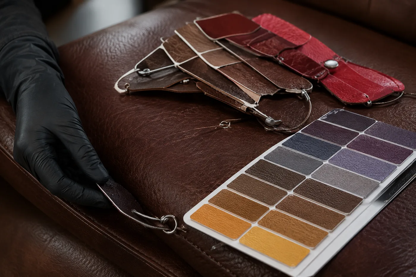 Leather swatches and a colour chart laid on a brown sofa cushion while a claw-damaged panel is matched