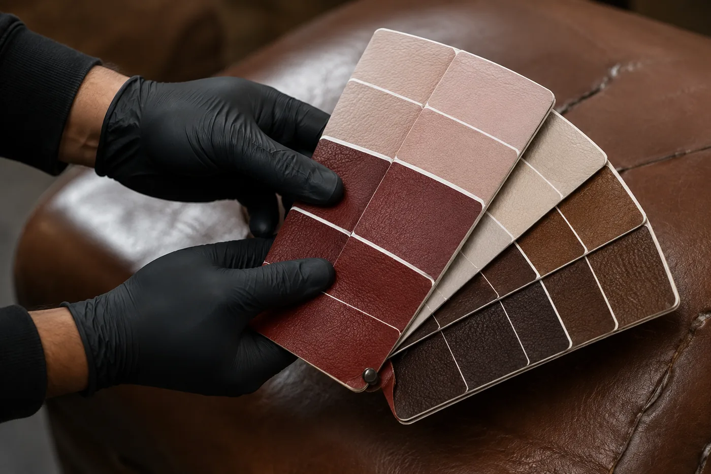Gloved hands holding a fan of leather colour swatches against a brown leather sofa arm