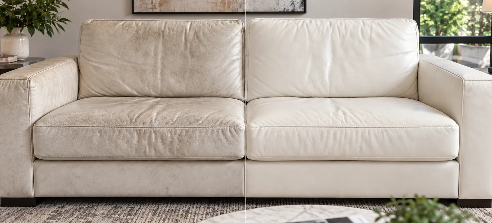 Cream leather sofa before and after leather conditioning, dry and creased on the left, supple and even on the right