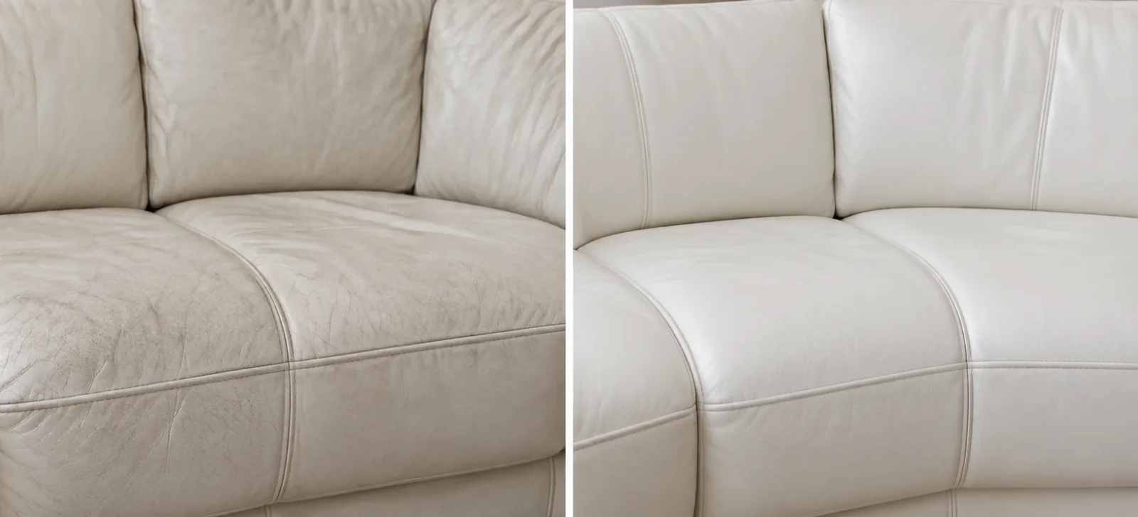 Cream leather sectional corner dulled on the left, smooth on the right