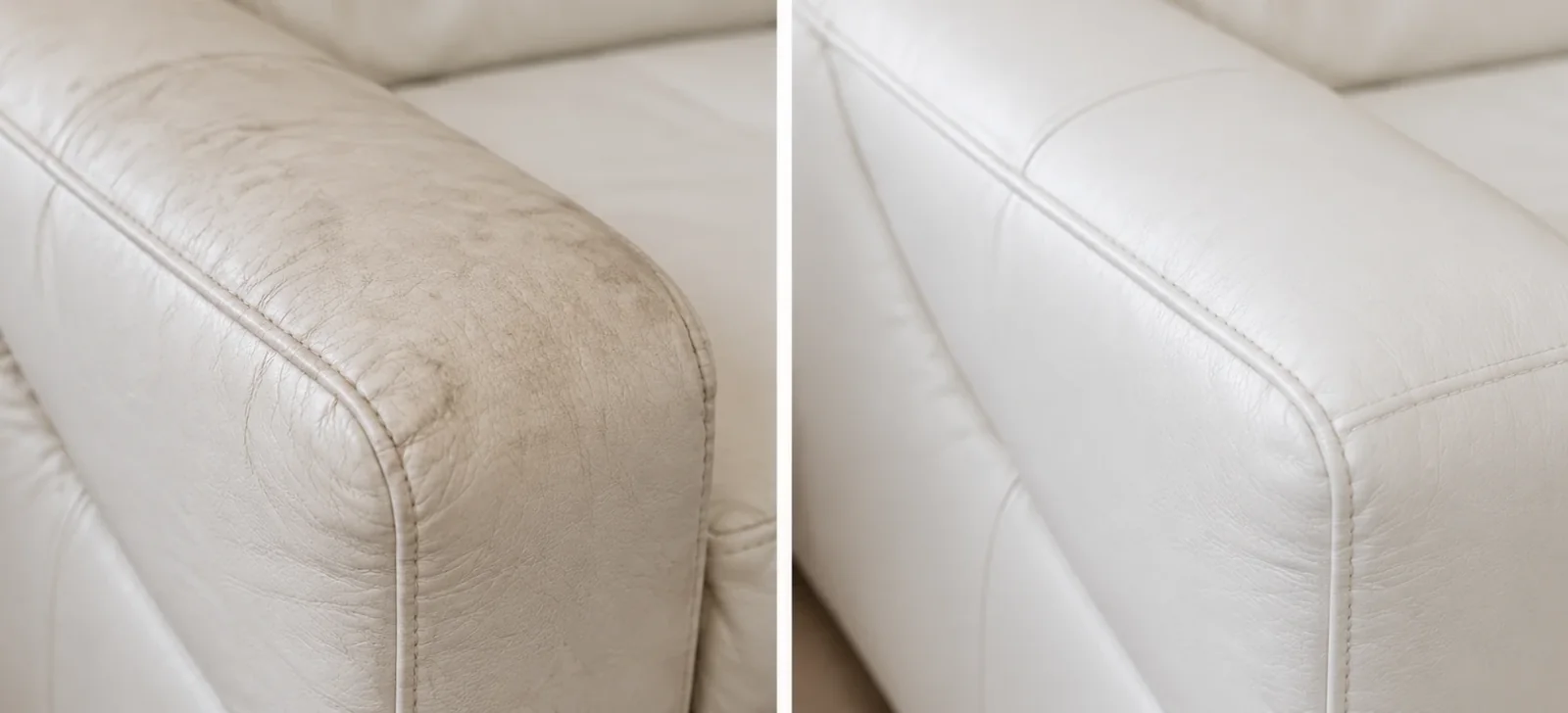 Pale leather sofa panel chalky on the left, evenly toned on the right
