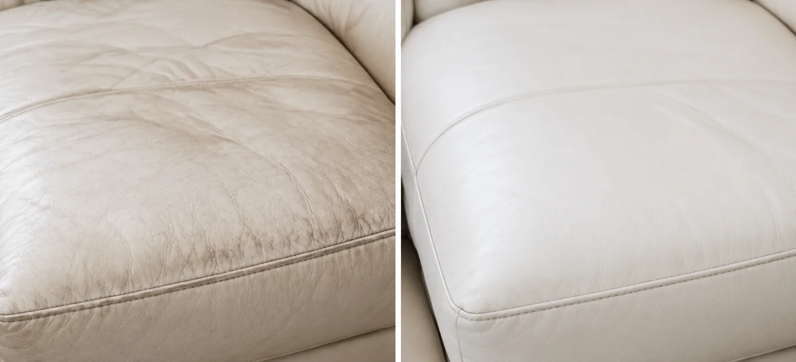 Cream leather cushion and arm stiff on the left, soft on the right