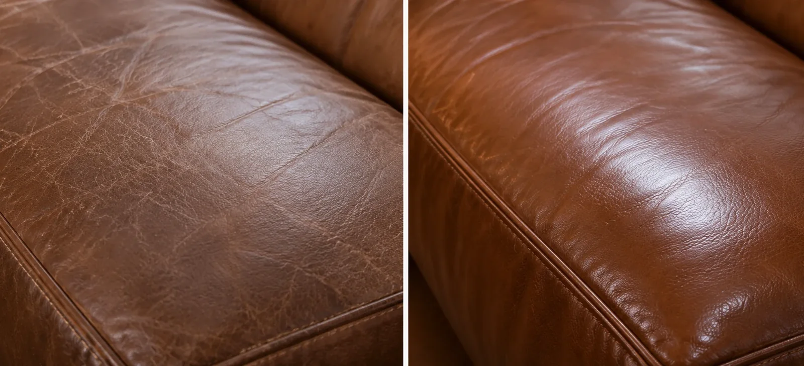 Brown leather panel faded on the left, deep and glossy on the right