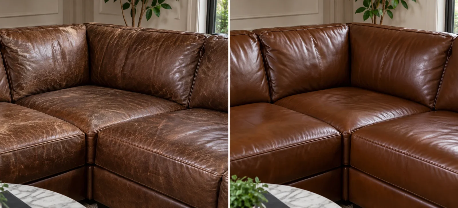 Brown leather sectional dry on the left, deep and soft on the right