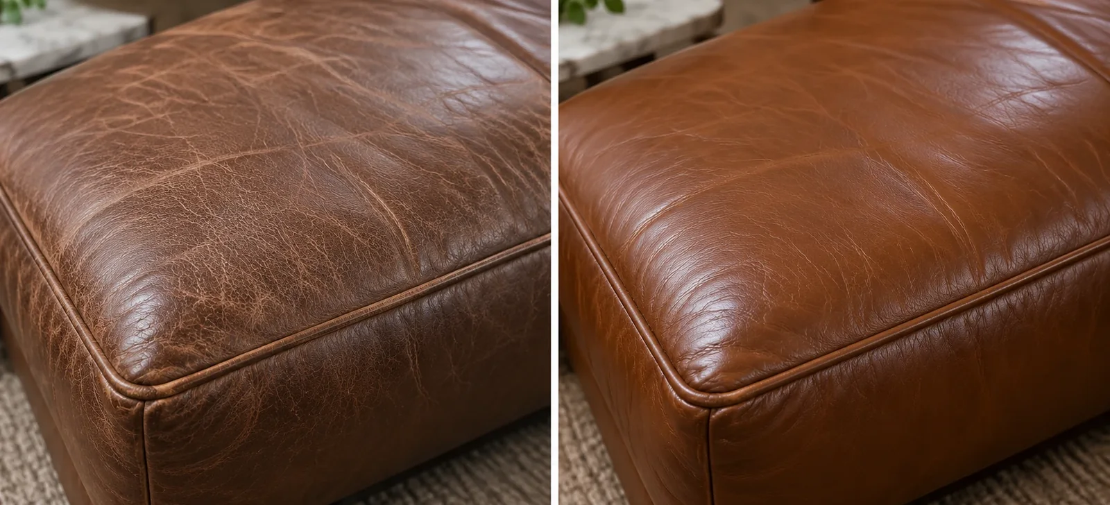 Brown leather bench scuffed on the left, rich and even on the right