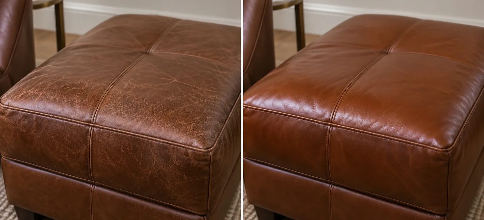 Brown leather ottoman worn on the left, restored and even on the right