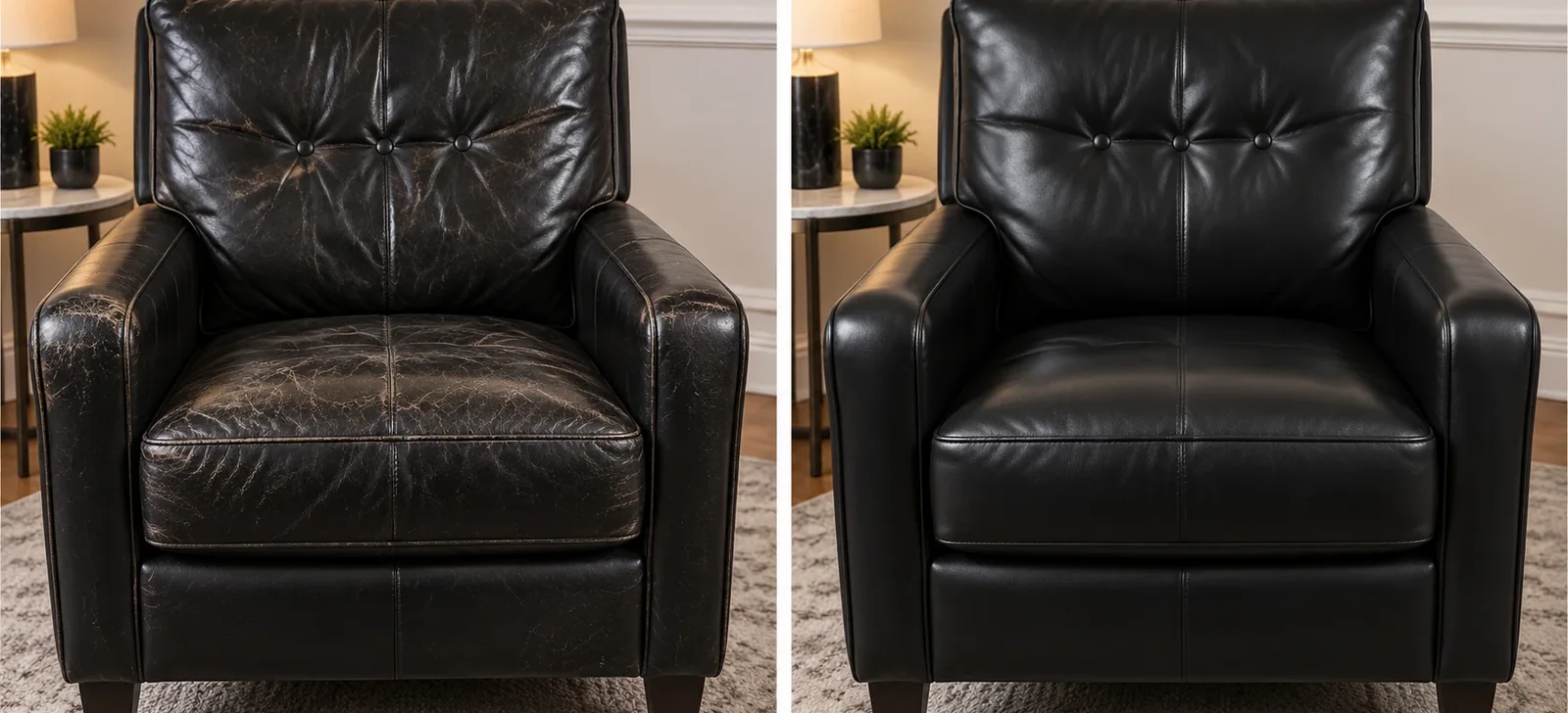 Black leather armchair grey and stiff on the left, dark and supple on the right
