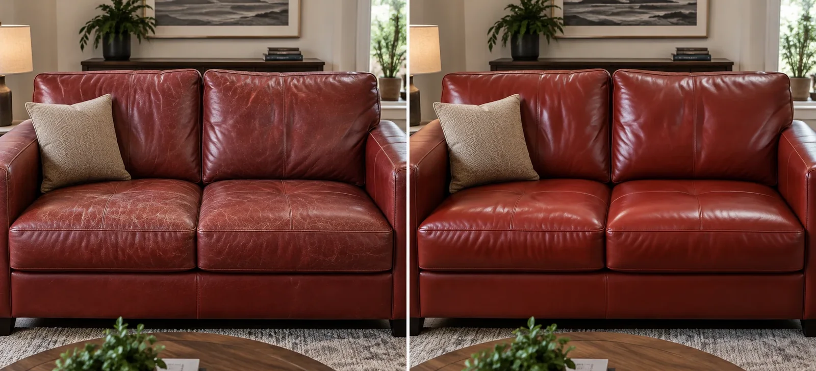 Red leather sofa dulled and creased on the left, rich and smooth on the right