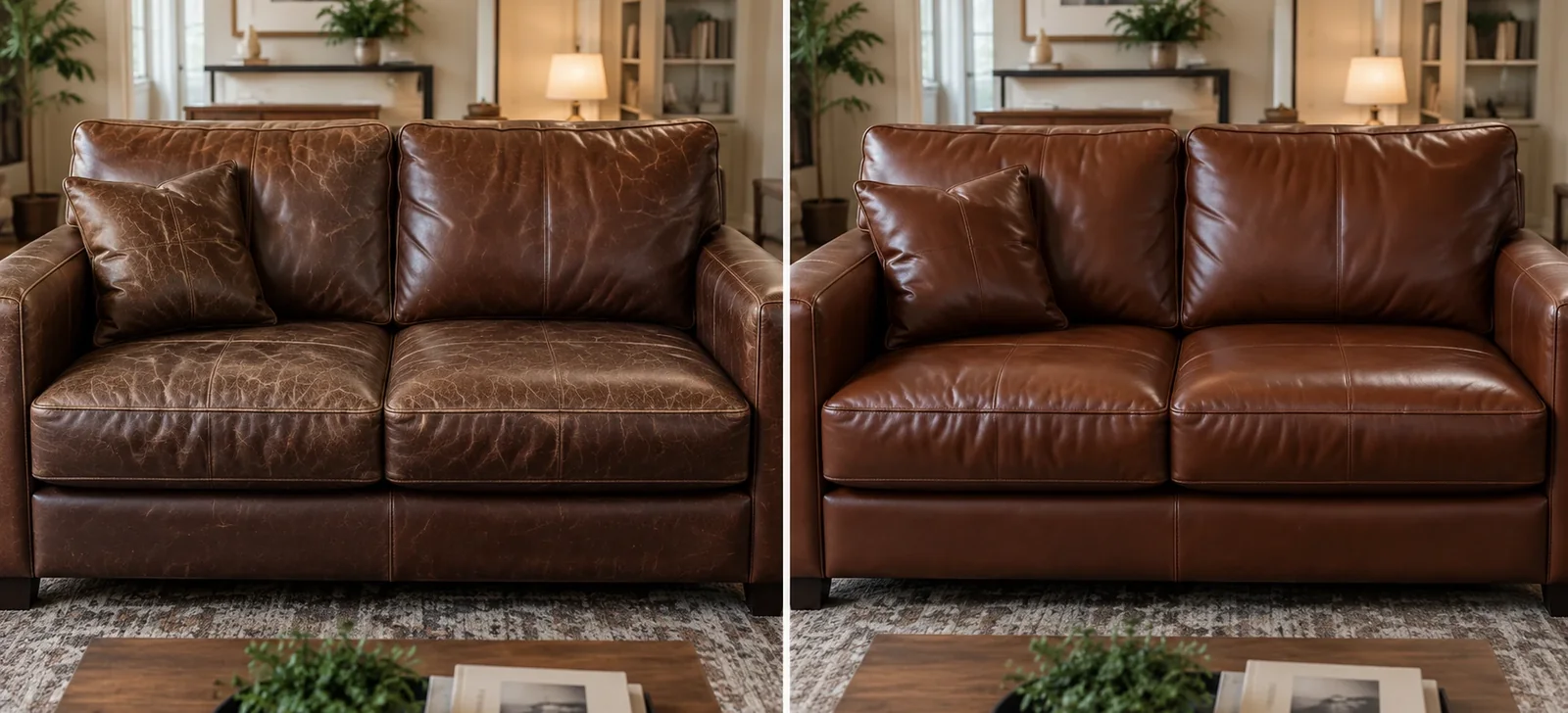 Dark red leather sofa dry on the left, deep and even on the right