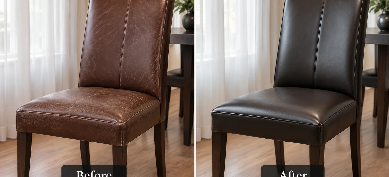 Brown leather dining chair worn on the left, refinished on the right