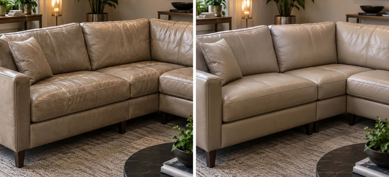 Taupe leather sectional dull on the left, clean and even on the right