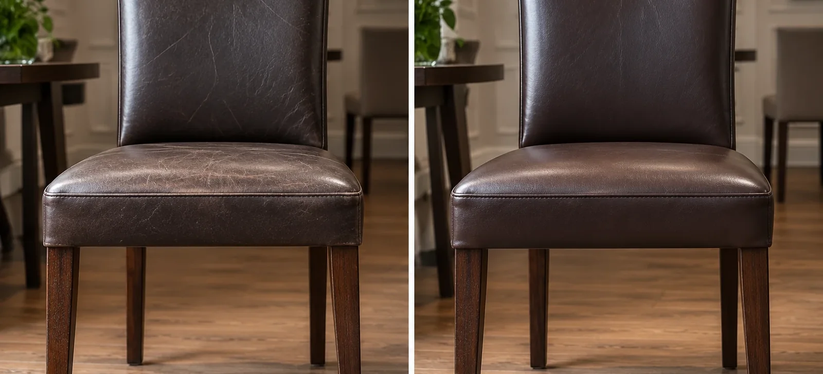 Dark brown leather dining chair faded on the left, deep brown on the right