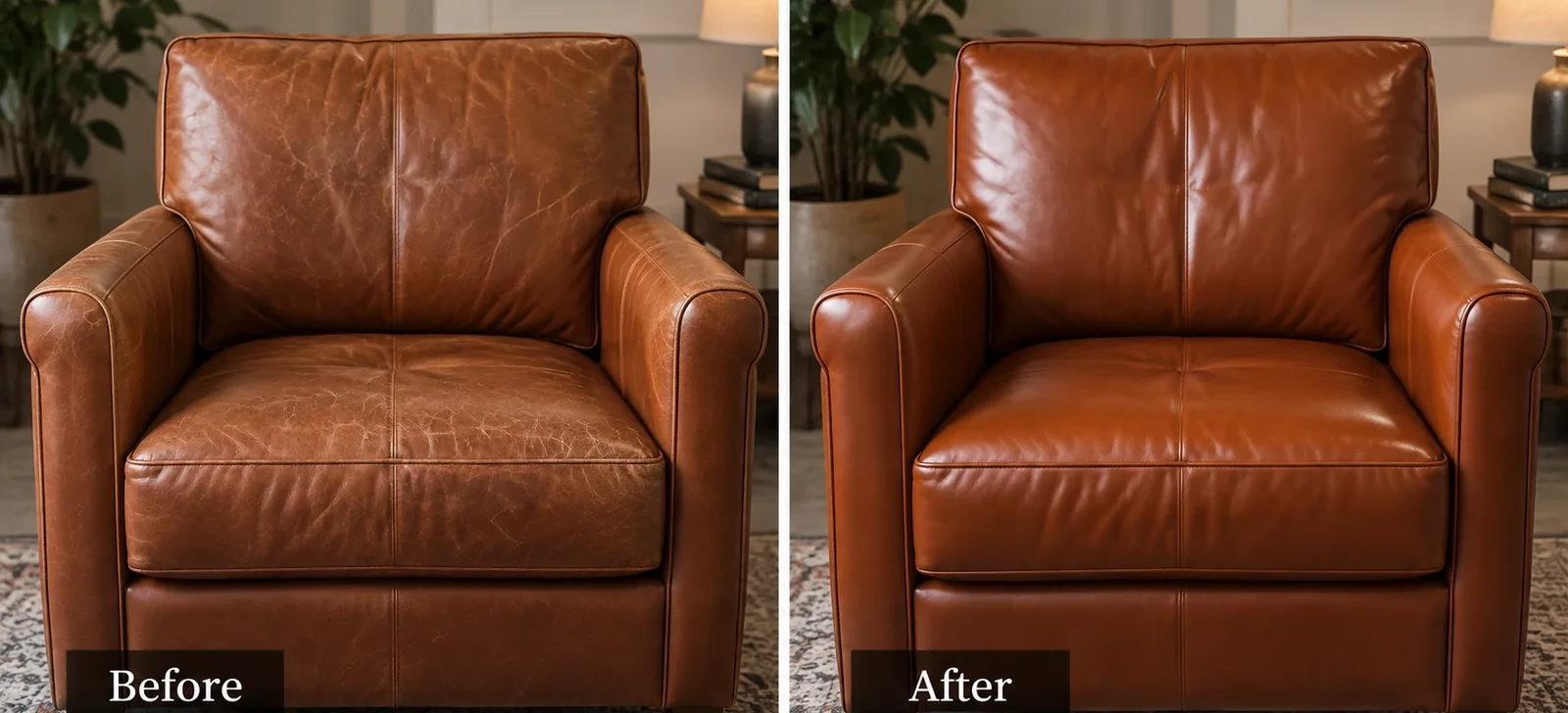 Tan leather club chair dry on the left, warm and supple on the right