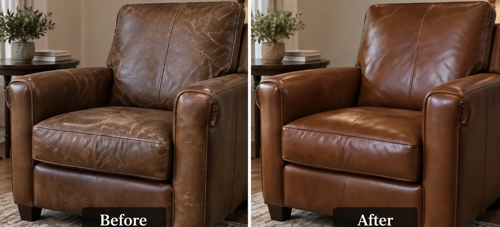 Brown leather club chair creased on the left, smooth and rich on the right