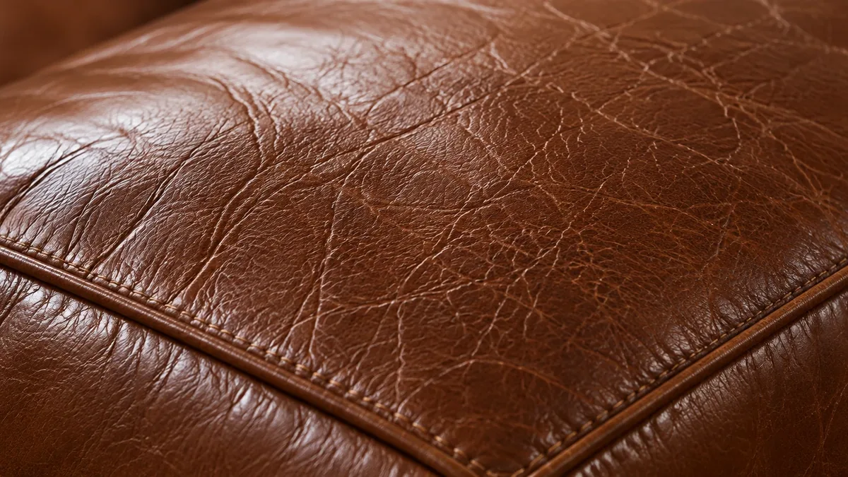 Corner of a brown leather cushion with a stitched seam and standing grain