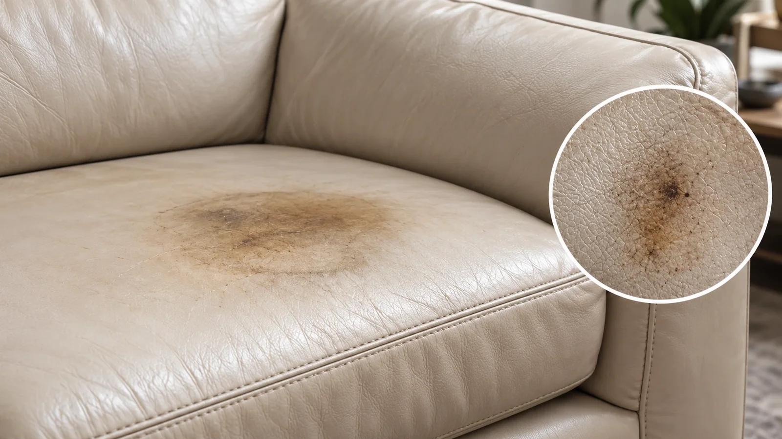 Cream leather seat cushion with an oil stain soaked into the hide, with a magnified inset