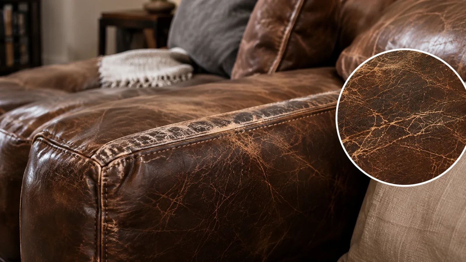 Brown leather sofa arm covered in a web of dry surface cracks, with a magnified inset
