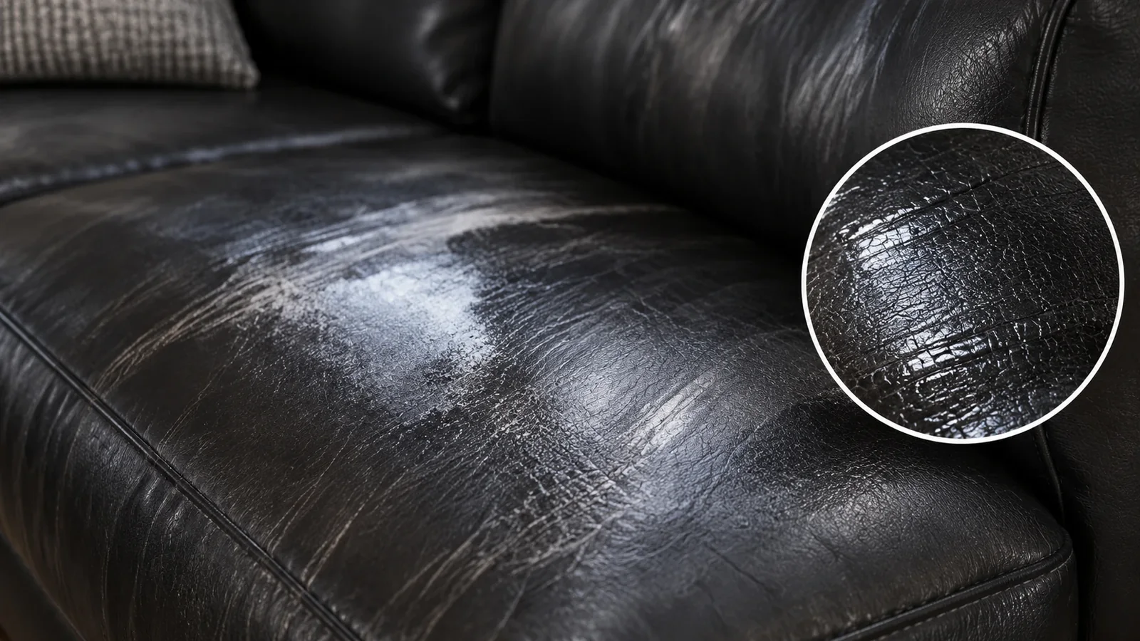 Black leather seat with a glossy silicone film sitting on a cracked surface, with a magnified inset