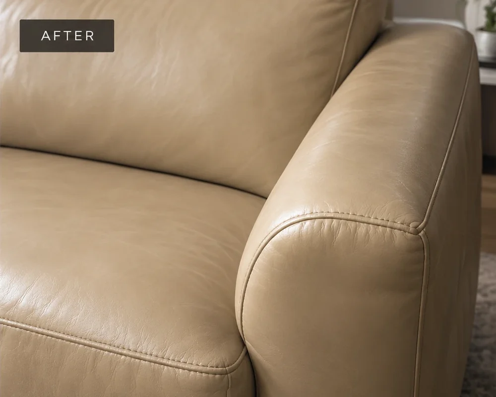 The same taupe leather arm smooth and evenly toned after conditioning