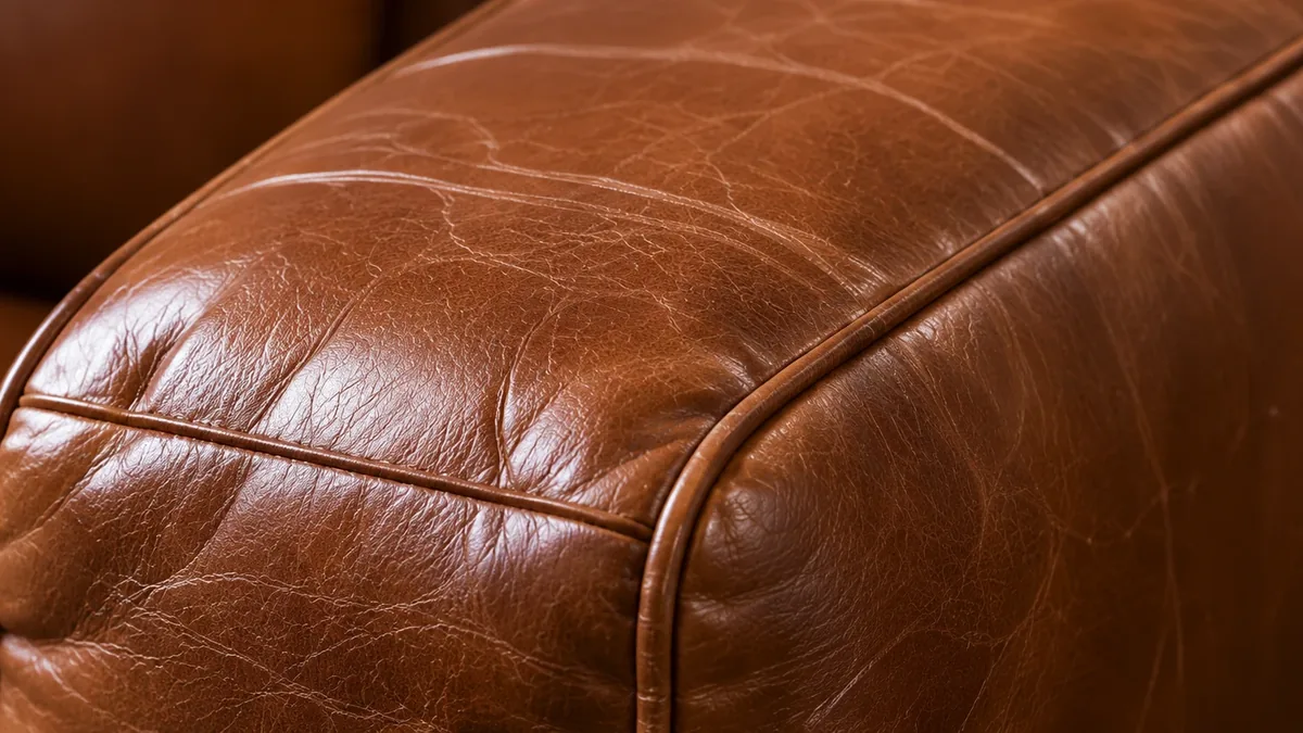 Brown leather sofa arm with an even low sheen along the seam