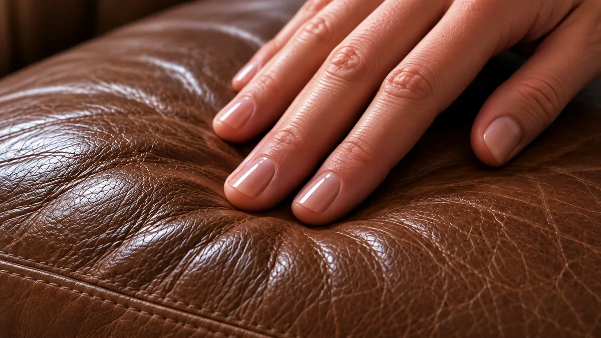 Hand pressing into a brown leather cushion that gives under the fingers