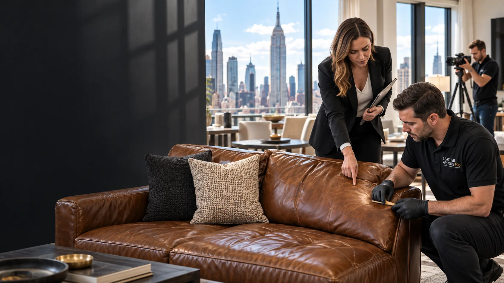 A Leather Restore Pro technician and a real estate agent checking a leather couch while a photographer sets up, leather couch repair before listing